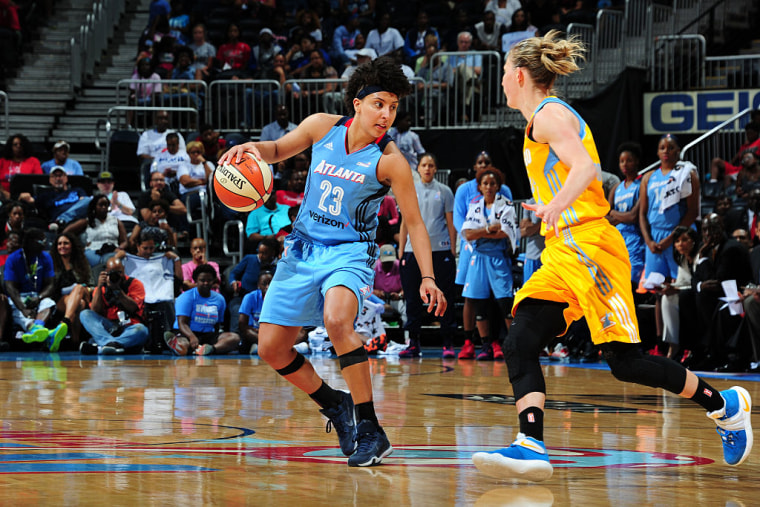 Layshia Clarendon of the Atlanta Dream handles the ball against the Chicago Sky on June 17, 2016 at Philips Arena in Atlanta, Georgia.