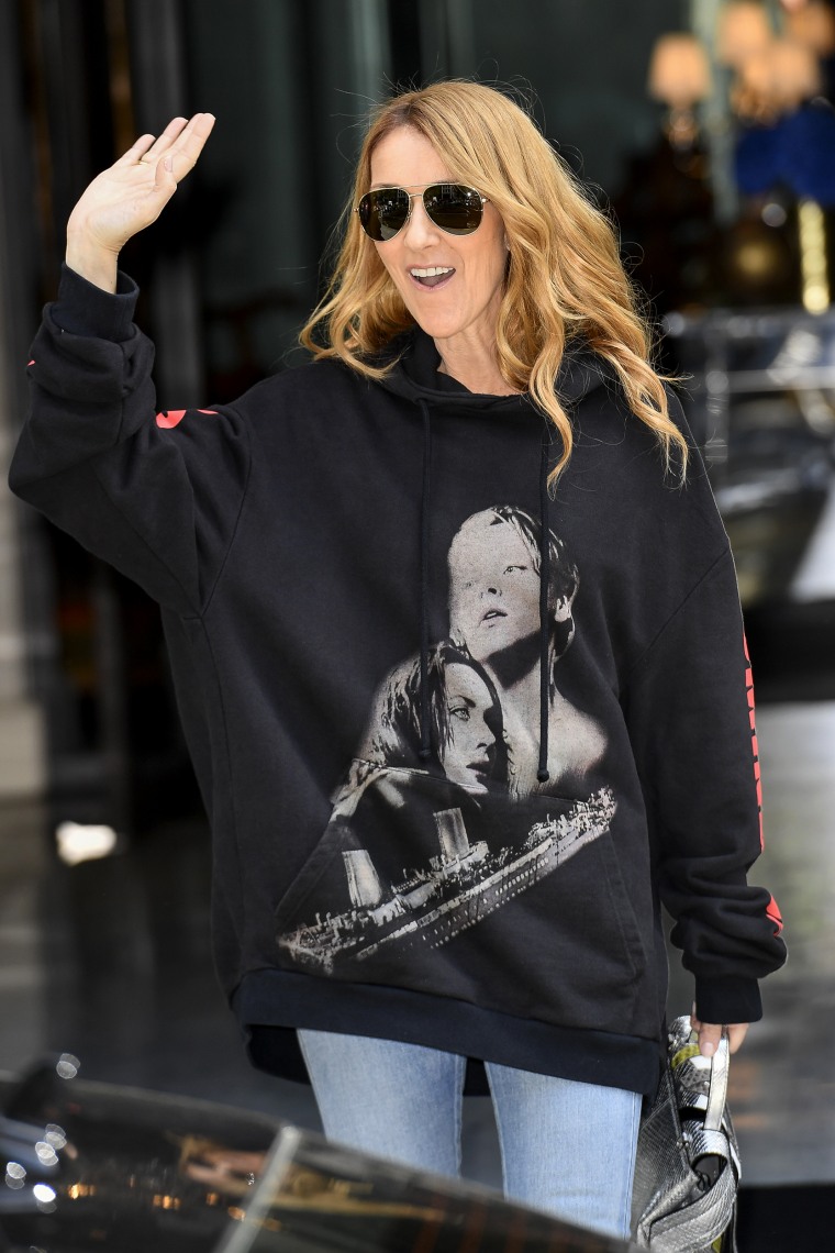 Celine Dion leaves Royal Monceau hotel wearing a Titanic hoodie