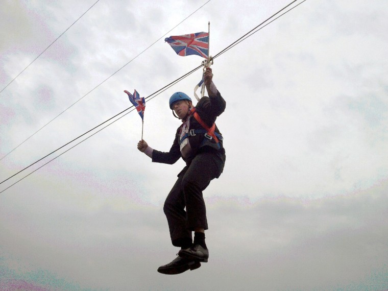 Image: Boris Johnson dangles in the air on Aug. 1, 2012