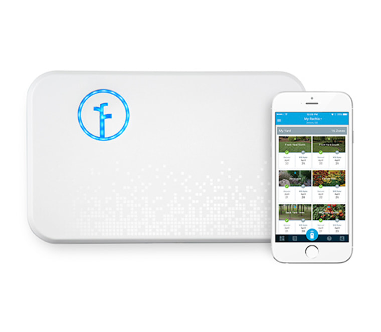 Rachio Smart Sprinkler Controller and a smartphone.