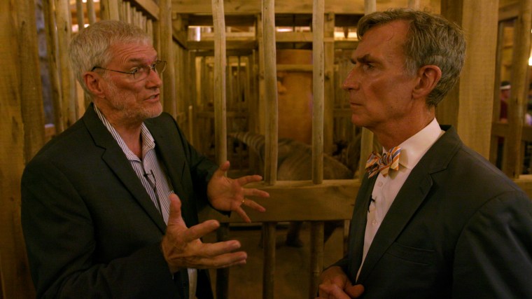 Ken Ham, creator of the Ark Encounter, and Bill Nye on July 8, 2016, during a tour of the replica.