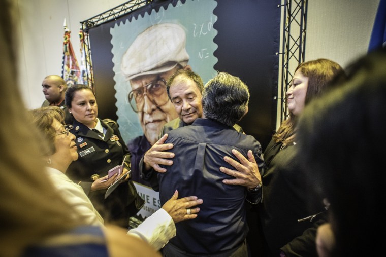 Jaime Escalante, Jr. embraces fans and supporters of his father after the ceremony.