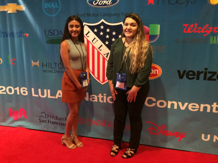 Alejandra Lozano, 18, (left) and Flora Ornelas, 18, both of Dallas, heard Bernie Sanders speak at the League of United Latin American Citizens conference in Washington, D.C. July 13, 2016.