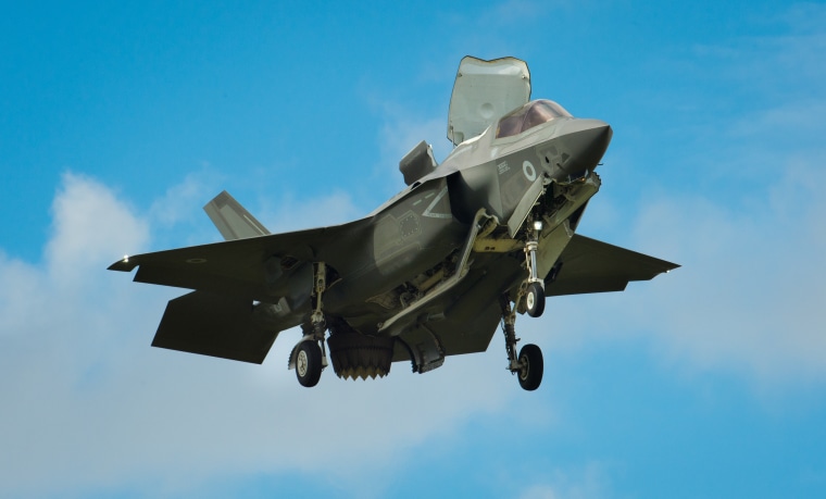 The Pratt &amp; Whitney powered F-35 Lightning II hovers in front of crowds during its first solo appearance at the Farnborough Air Show on Tuesday 12th July 2016