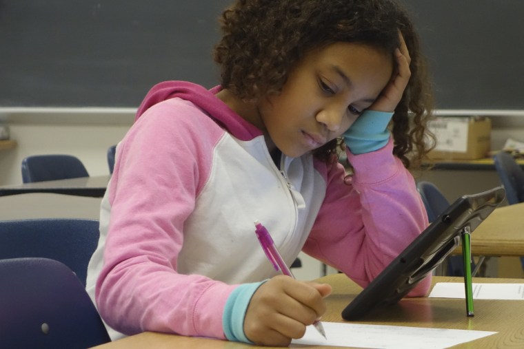 6th Grade Girl Using iPad, Wellsville, New York, United States.