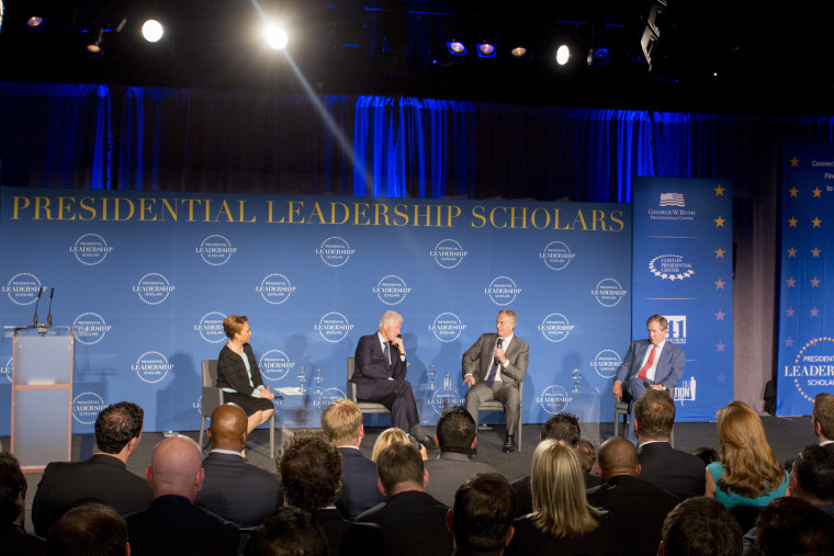 IMAGE: Bush, Clinton and Blair in Arkansas