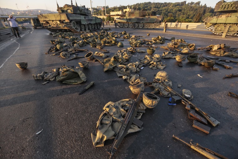 Image: Soldiers' uniforms and weapons on ground in Istanbul, Turkey
