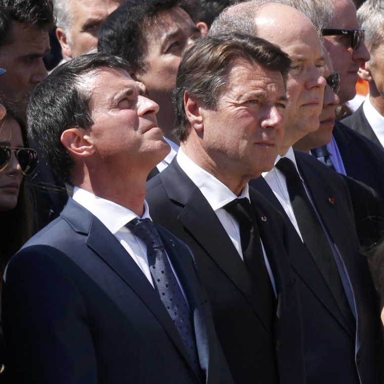 Image: French Prime Minister Manuel Valls, President of the Provence Alpes Cote d'Azur (PACA) region Christian Estrosi and Prince Albert II of Monaco