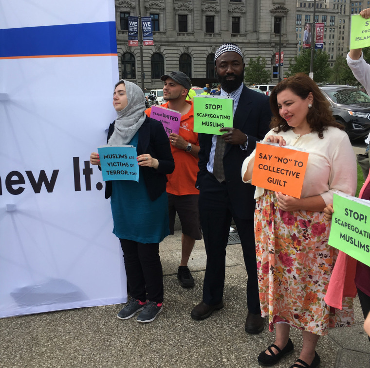 Imam AbduSemih Tadese, center, of the Uqbah Mosque Foundation in Cleveland, Ohio, at a CAIR press conference at the Republican National Convention.