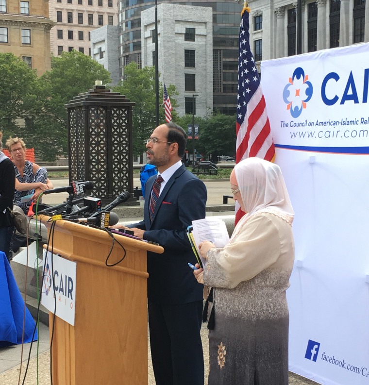 CAIR national executive director Nihad Awad and Julia Shearson, executive director of the Cleveland chapter of CAIR Ohio, at a CAIR press conference.