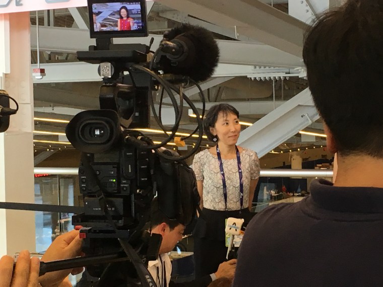 Lisa Shin, a delegate at the Republican National Convention, preparing to be interviewed by Korean-language media.