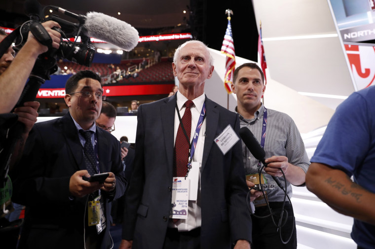 Image: Former U.S. Senator from New Hampshire Gordon Humphrey arrives on the floor of the Republican National Convention in Cleveland