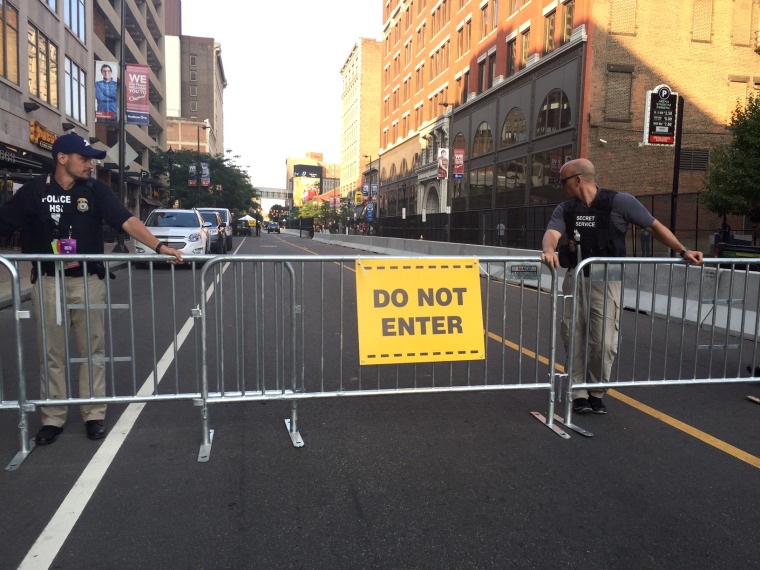 Barricades on Prospect Street in downtown Cleveland.