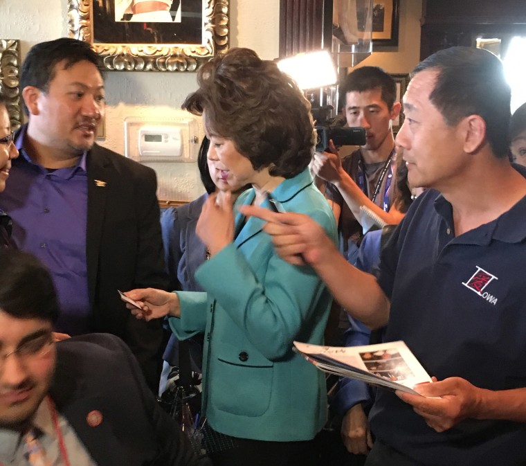 Former United States Secretary of Labor Elaine Chao speaks to attendees at an Asian-American leadership meeting after her on-stage remarks.