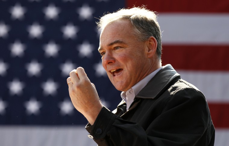 Former Virginia Governor and Senate candidate Kaine introduces U.S. Vice President Biden to speak during a rally for the Biden-Obama re-election campaign in Sterling