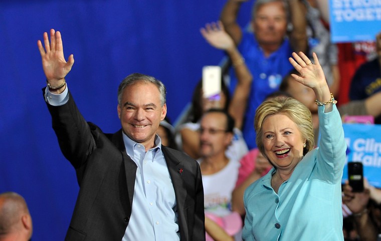 Image: Democratic Presidential candidate Hillary Clinton and running mate Senator Tim Kaine