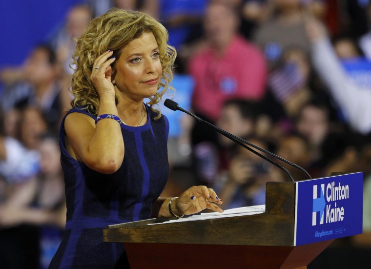 Image: DNC Chairwoman Debbie Wasserman Schultz speaks at a rally before the arrival of Hillary Clinton and Tim Kaine in Miami