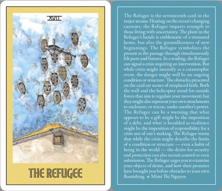 The Refugee, one of the tarot cards included in "Open in Emergency," with art by Simi Kang and text by Mimi Thi Nguyen.