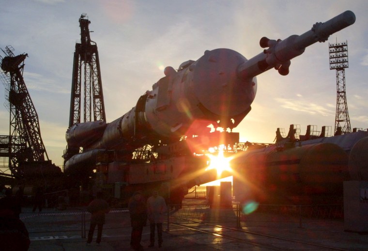 Image: The Soyuz-TMA rocket sits on its launch pad at the Baikonur cosmodrome in Kazakhstan