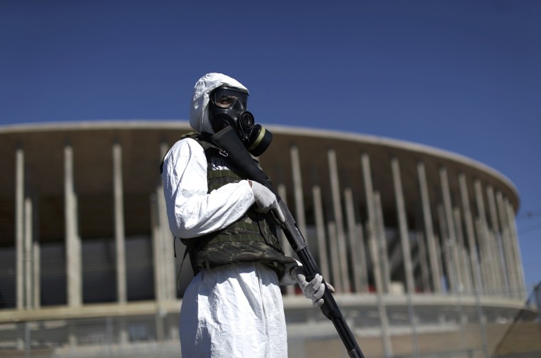 Image: Soldier takes part in army exercise against possible chemical attack at the Mane Garrincha National Stadium in Brasilia