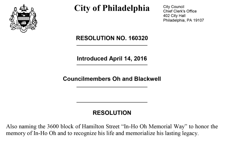 An excerpt of a City of Philadelphia resolution honoring In-Ho Oh