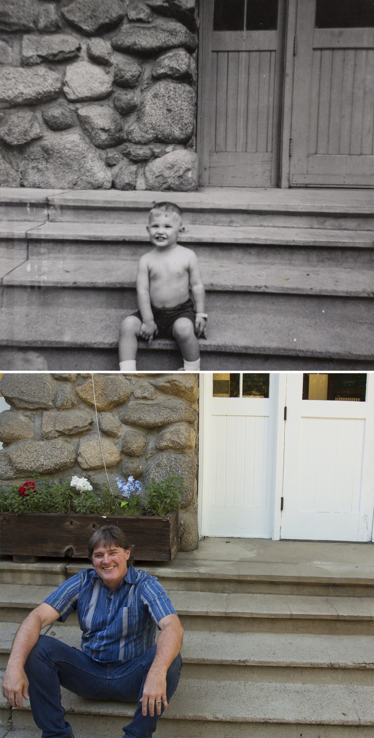 Image: Postmaster John Reynolds sits on the same steps of the Yosemite Valley Post Office at age 2 and today