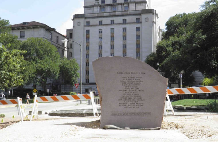 Image: A stone memorial to the 16 people and one fetus who died in the August 1, 1966 mass shooting at the University of Texas in Austin
