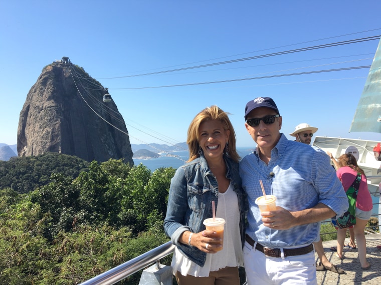 Matt Lauer and Hoda Kotb climb Sugarloaf Mountain in Rio ahead of the 2016 Olympic Games.