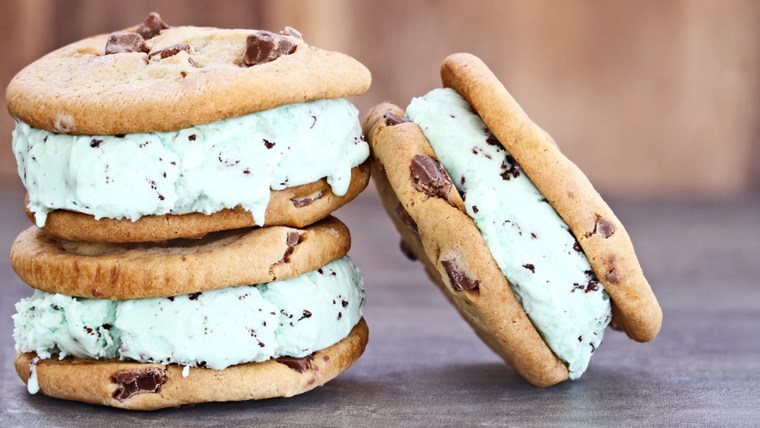 Chocolate chip mint ice cream cookie sandwiches