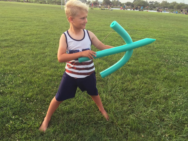 Make a bow and arrow out of a pool noodle and some string in just a few minutes.