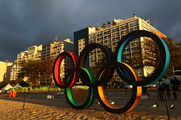 Image: The official Olympic Rings at the Copacabana Beach