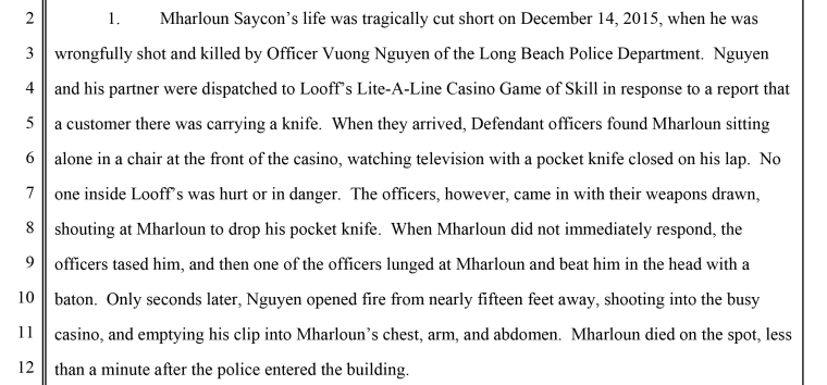 An excerpt of a lawsuit detailing the incident that led to Mharloun Saycon's death.