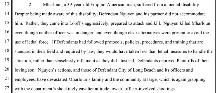 An excerpt of a lawsuit by the Saycon family detailing the alleged failings of the Long Beach Police Department.