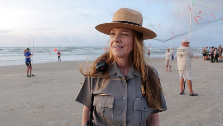 Image: Dr. Donna Shaver and the turtle recovery program release Kemp's Ridley turtle hatchlings into the Gulf of Mexico