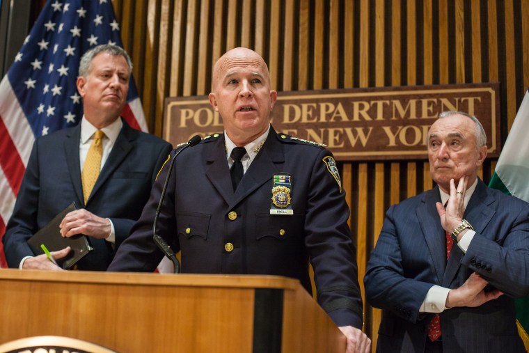 Mayor Bill De Blasio, Chief of Department James P. "Jimmy" O'Neill and Police Commissioner Bill Bratton at a Crime statistics press conference in New York, on Feb. 3, 2016.