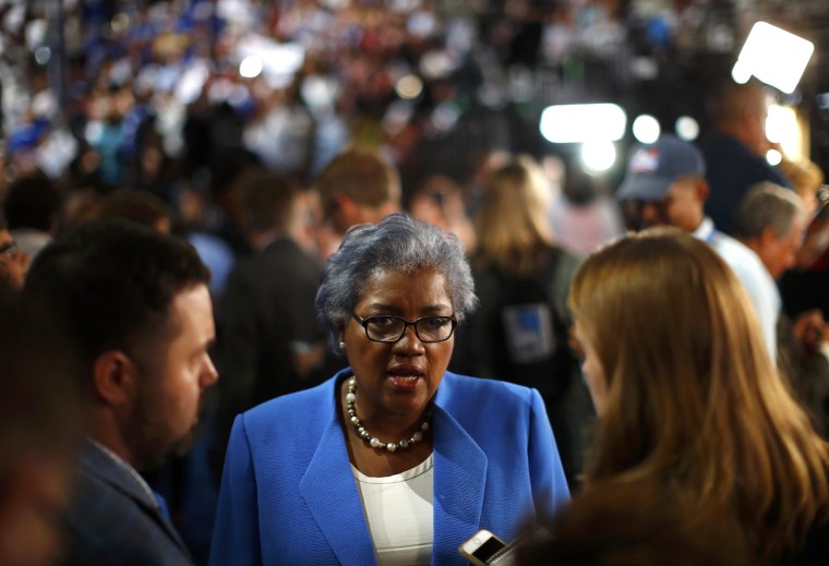 Image: Donna Brazile, the acting Chair of the Democratic National Committee, talks to the media on the floor at the Republican National Convention in Cleveland