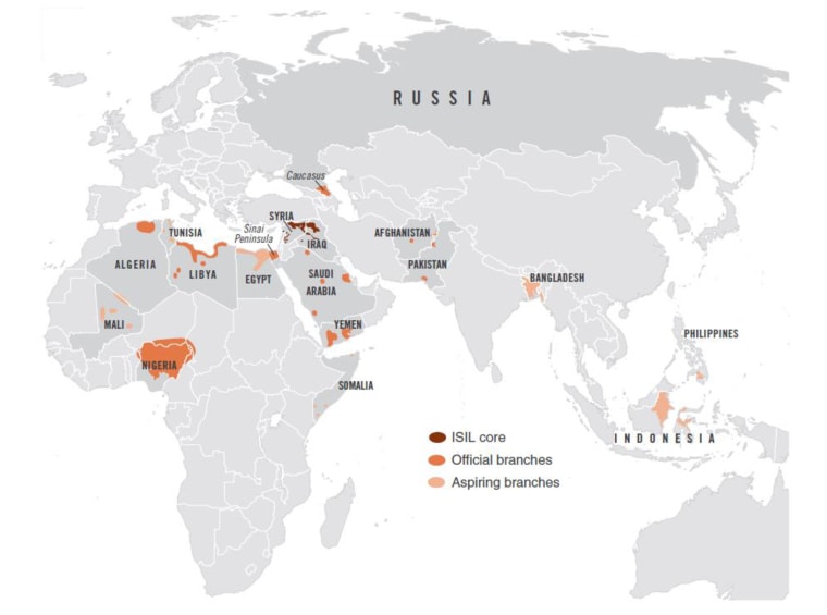 A map from the National Counterterrorism Center shows the worldwide expansion of ISIS as of August 2016.