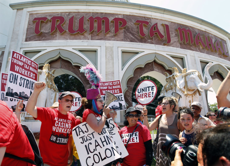 IMAGE: Protesters outside Trump Taj Mahal Casino