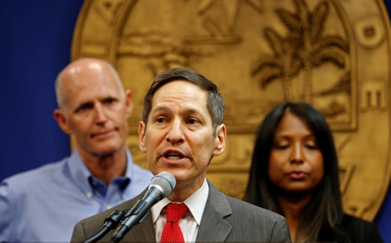 Image: Dr. Tom Frieden, Director of Centers for Disease Control and Prevention, speaks as Florida Gov. Rick Scott and Florida Surgeon General Celeste Philip look on during a press conference on the Zika virus in Doral