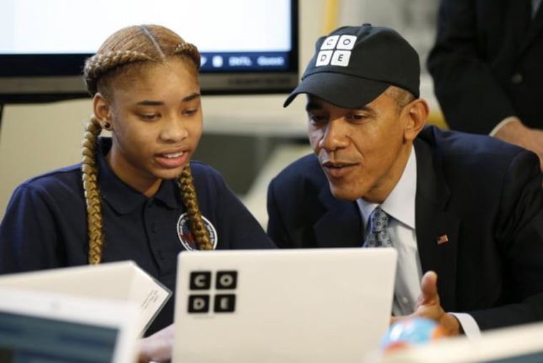 Obama visits students during coding event at the White House in Washington