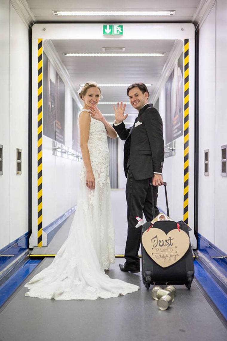 Nathaly Eiche poses for a photograph from on board the plane where Jurgen Bogner proposed to her during a flight to Greece.