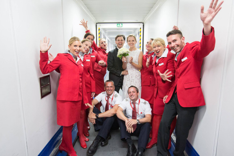 Nathaly Eiche poses for a photograph after Jurgen Bogner proposed to her during a flight to Greece.