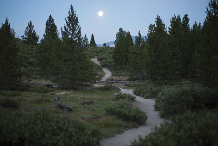 Image: A full moon rises over the Taggart Lake trail in Grand Teton National Park