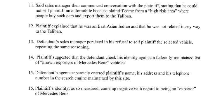 An excerpt of court documents alleging that a car dealership refused service to a man because he might export the car to the Taliban.