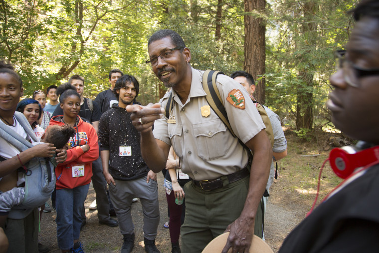 Image: Ranger Shelton Johnson welcomes high school students into Yosemite National Park