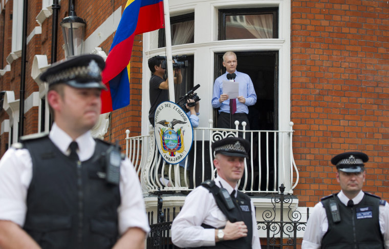 Image: Assange spoke from the balcony of the Ecuadorean embassy in London in 2012.