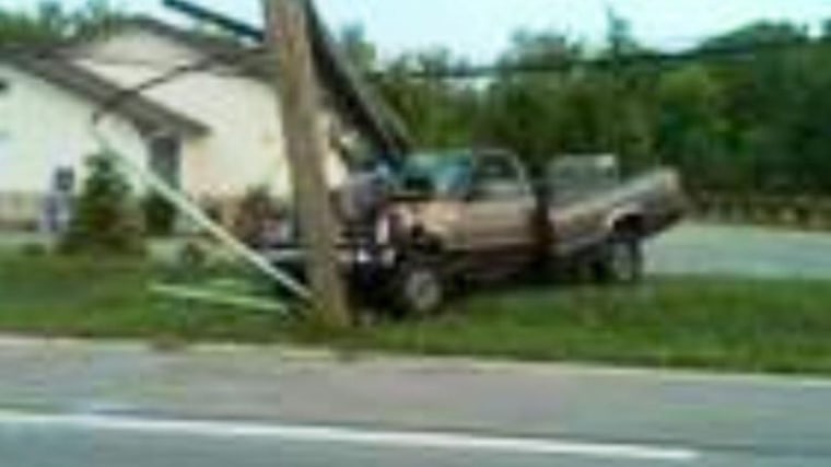 Photo of Cole Ledford's crashed pickup truck in  Ohio (August 8, 2010).