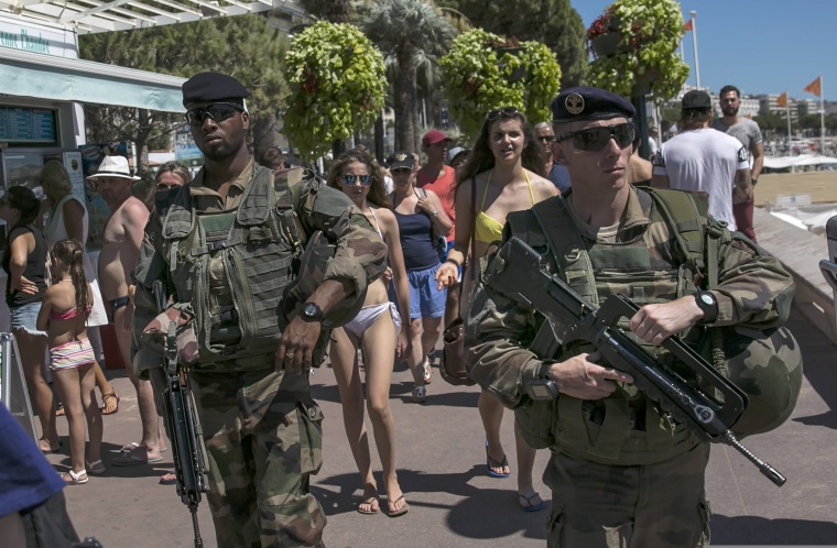 Image: French soldiers patrol the Promenade in Cannes