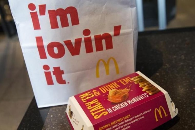 A McDonald's 10 piece chicken McNuggets box is photographed at the Times Square location in New York