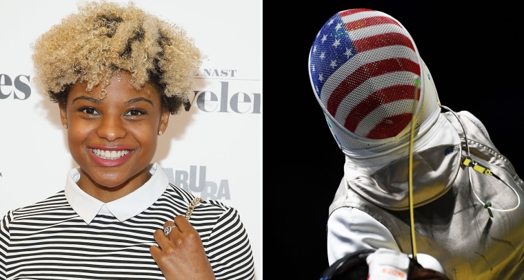 Olympian Nzingha Prescod at the 2nd Annual Conde Nast Traveler Short Film Festival at Cadillac House on June 8, 2016 and Nzingha Prescod competing during their women's individual foil in Rio on August 10.